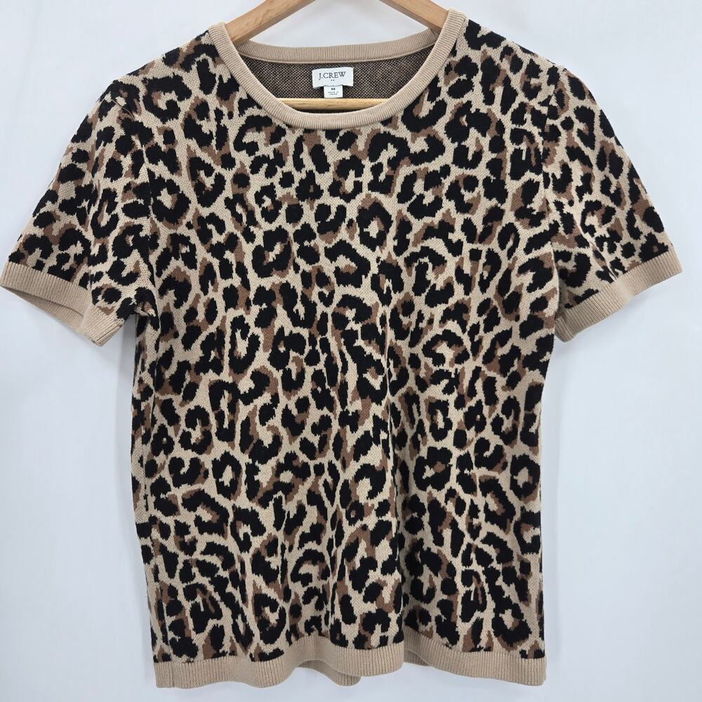 J.Crew Women Mob Wife Old Money Indie Basic Leopard Print Cotton Knit Sweater M